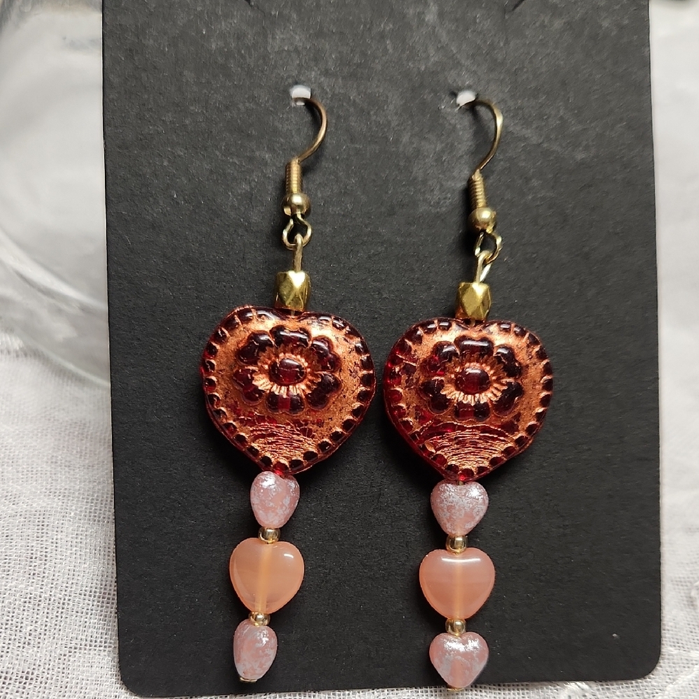 Heart-Shaped PinkCopper And Gold Earrings